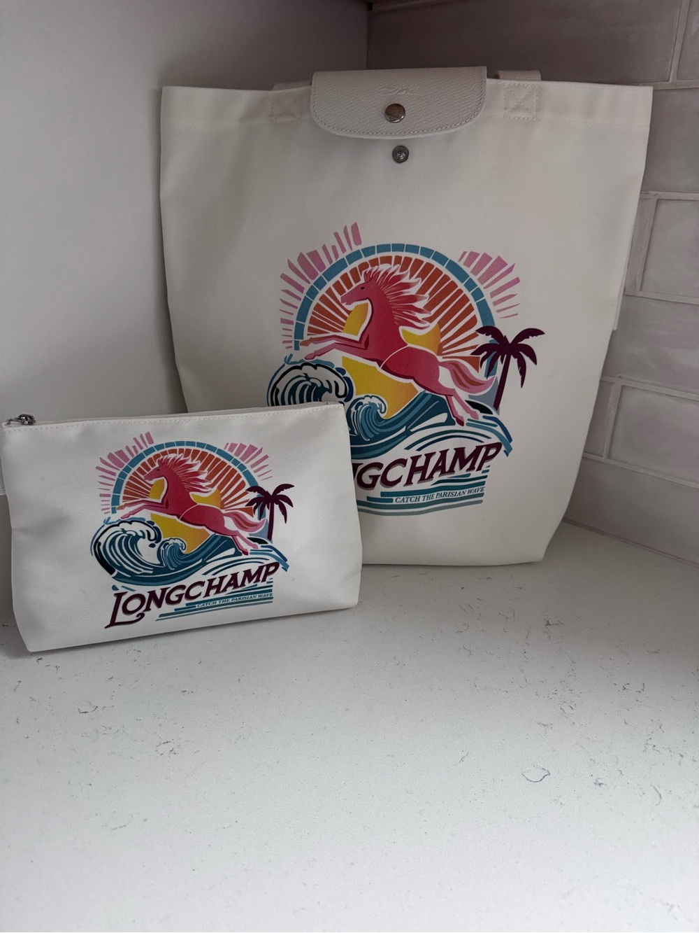 Longchamp Le Pliage Surf Tote and Pouch Set NWT Retail $495 as set